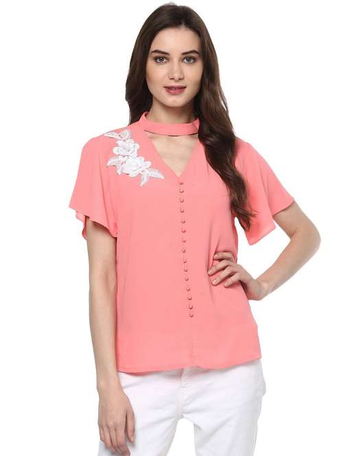women solid short sleeves chocker neck top - 21651239 - Standard Image - 0