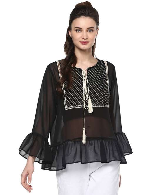 women printed tie up neck tiered sheer top - 21651244 - Standard Image - 0