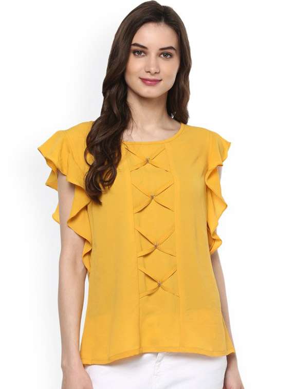 women yellow solid round neck regular top