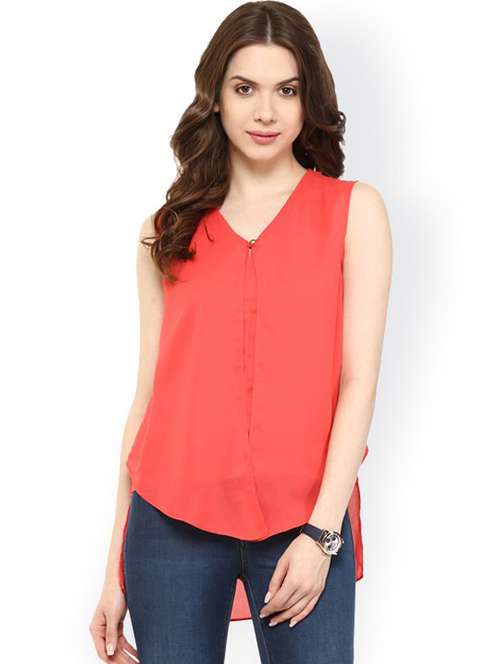 women coral key hole neck high-low top - 21651255 -  Standard Image - 0