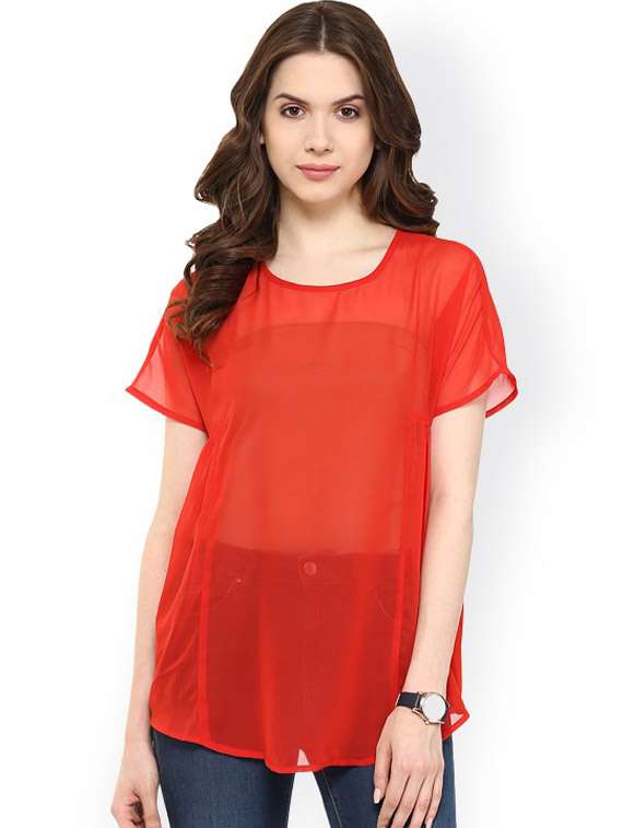 women red solid short sleeve top