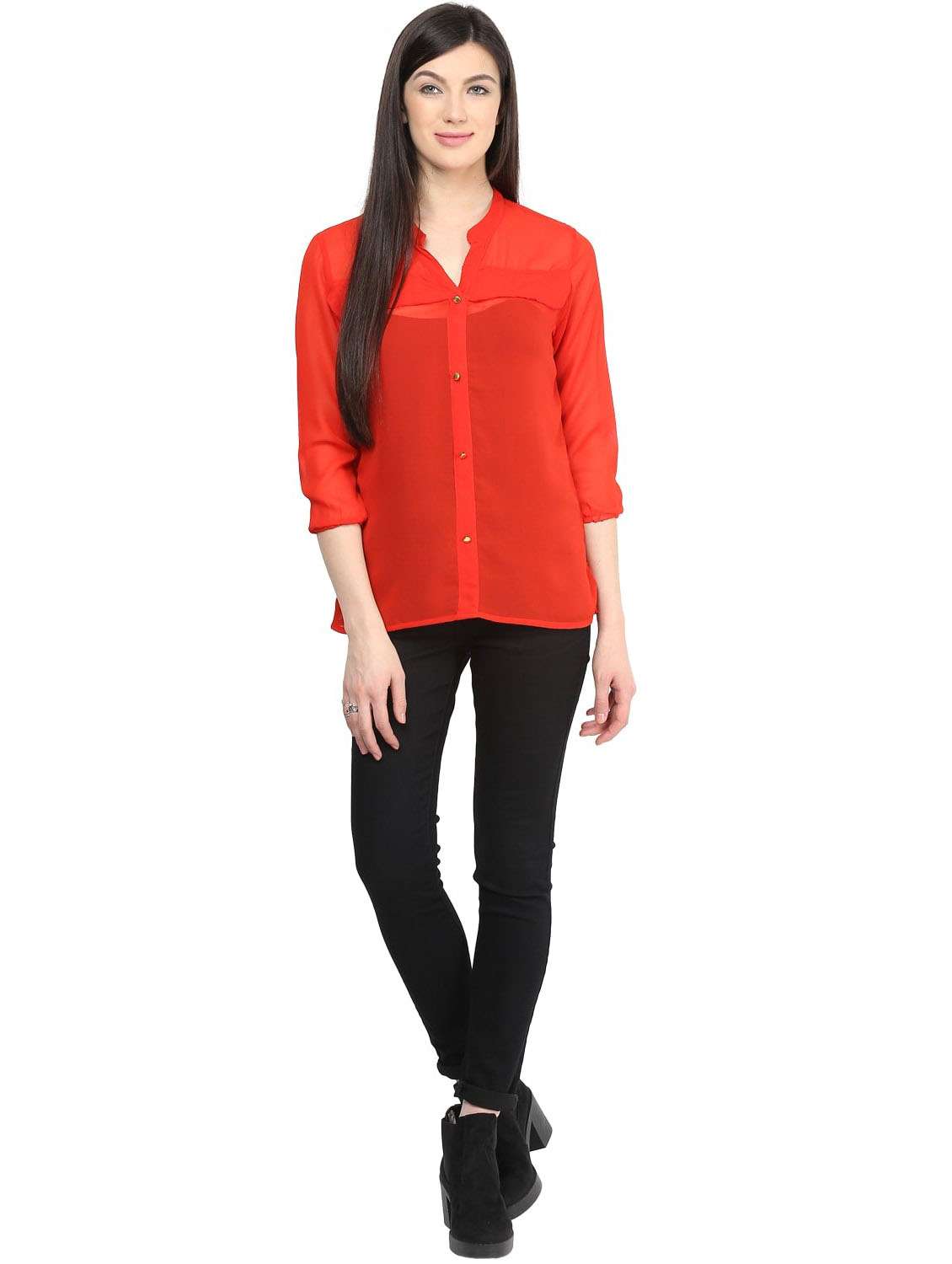 women red solid mandarin neck shirt top - 21651263 -  Standard Image - 3