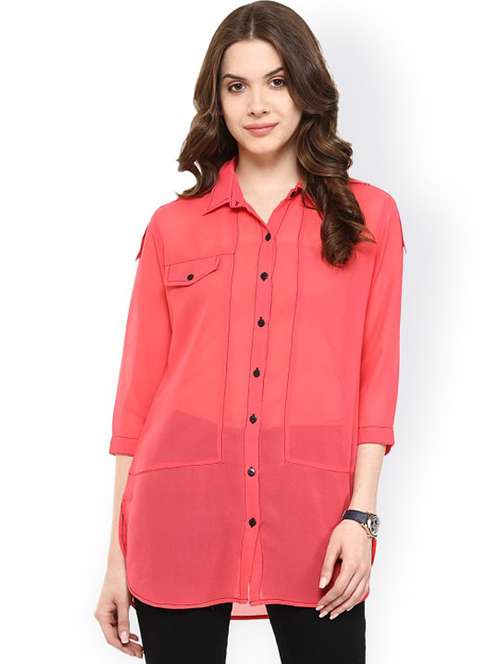 women pink solid three quarter sleeves shirt top - 21651264 - Standard Image - 0
