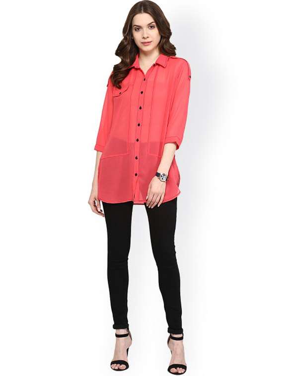 women pink solid three quarter sleeves shirt top - 21651264 - Standard Image - 3