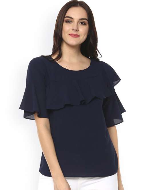 women navy blue solid round neck top - 21651277 -  Standard Image - 0
