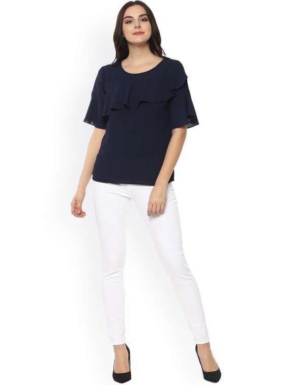 women navy blue solid round neck top - 21651277 -  Standard Image - 3