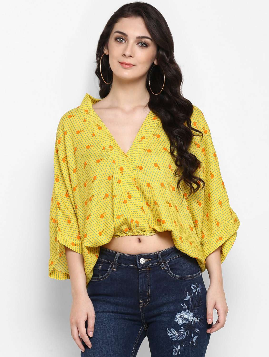 women yellow printed v neck crop top