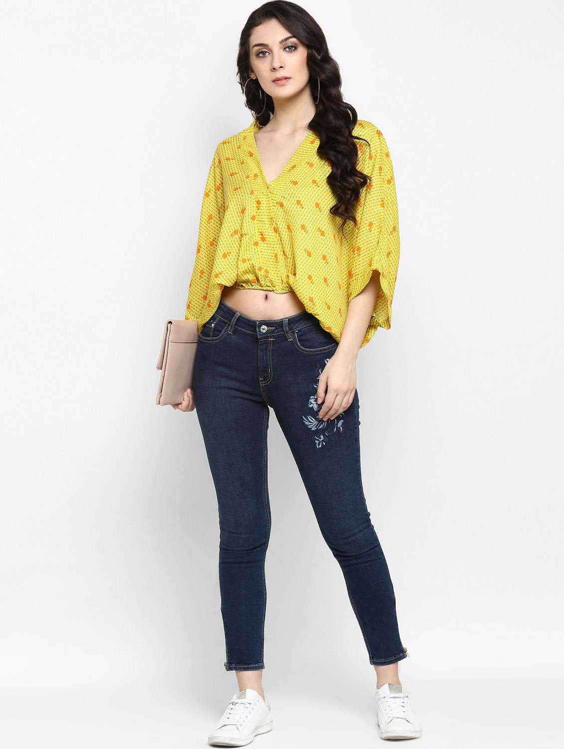 women yellow printed v neck crop top - 21651288 -  Standard Image - 3