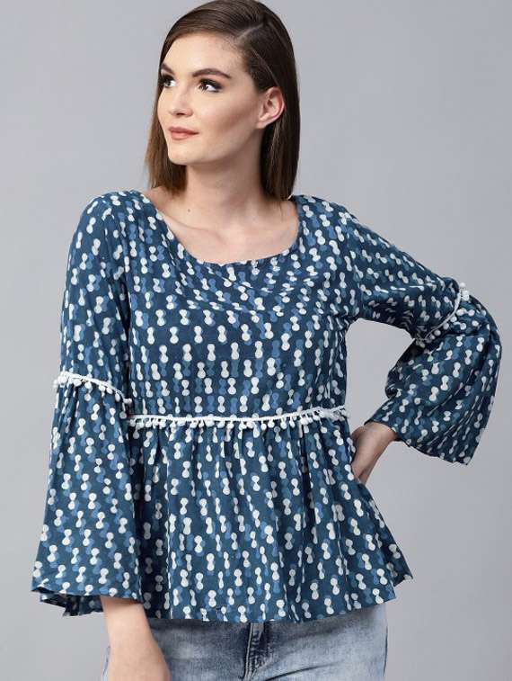 women blue printed round neck regular top - 21651305 -  Zoom Image - 0