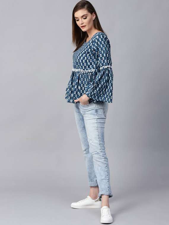 women blue printed round neck regular top - 21651305 -  Standard Image - 3
