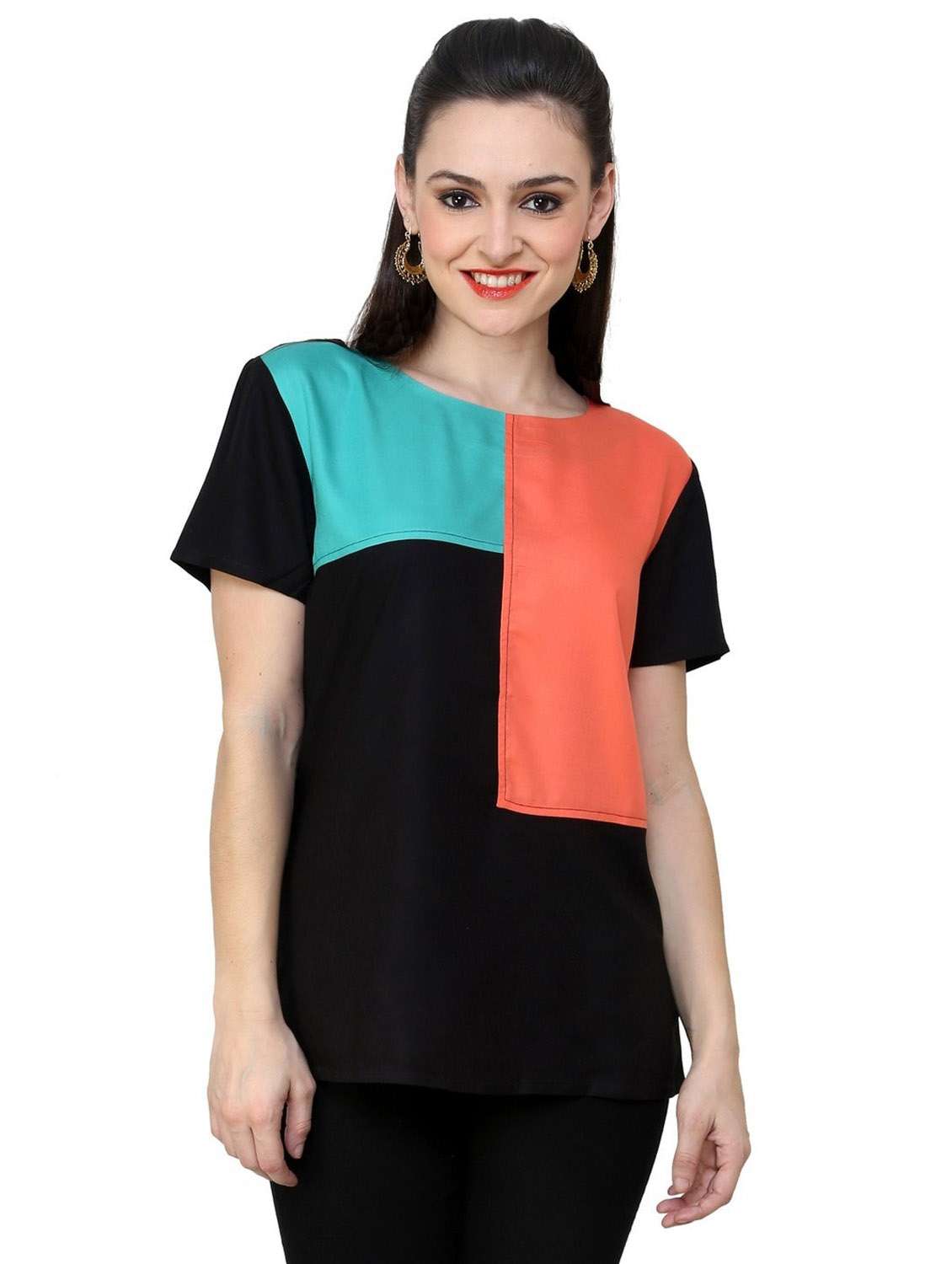 women color block short sleeve regular top