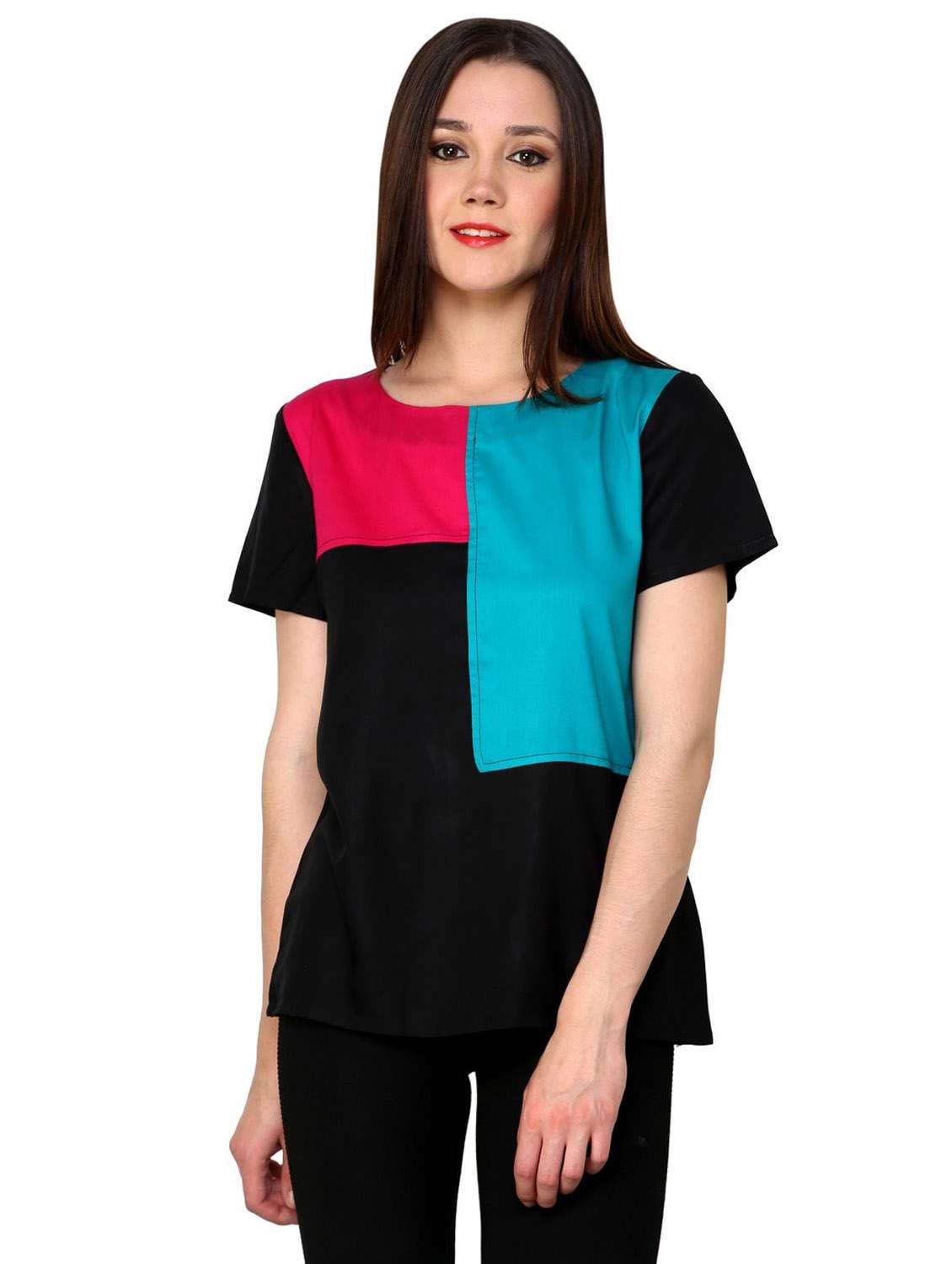women color block short sleeve regular top