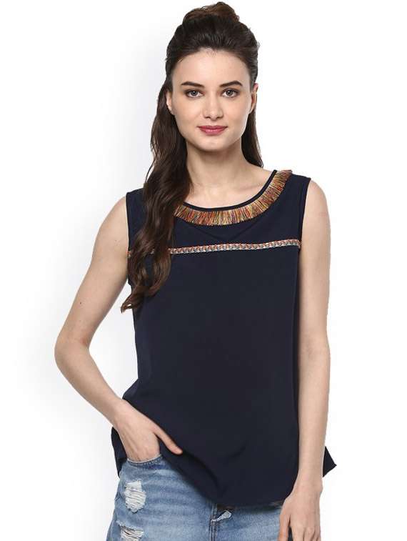 women navy blue solid round neck top