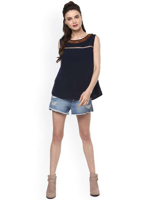 women navy blue solid round neck top - 21651350 -  Standard Image - 3