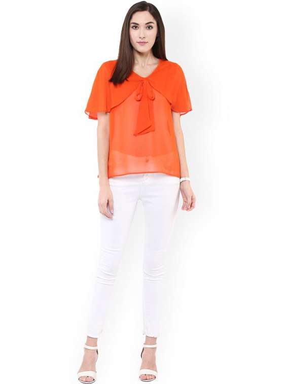 women orange solid v neck regular top - 21651367 -  Standard Image - 3