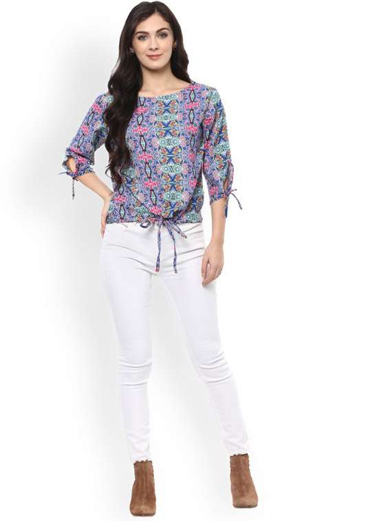women blue printed round neck top - 21651371 - Standard Image - 3