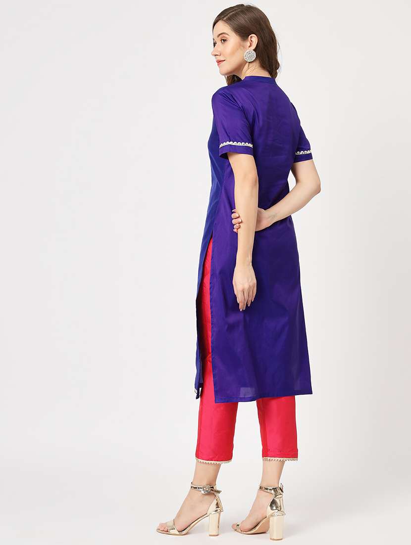 women solid with work kurta pant set - 21651477 -  Standard Image - 3
