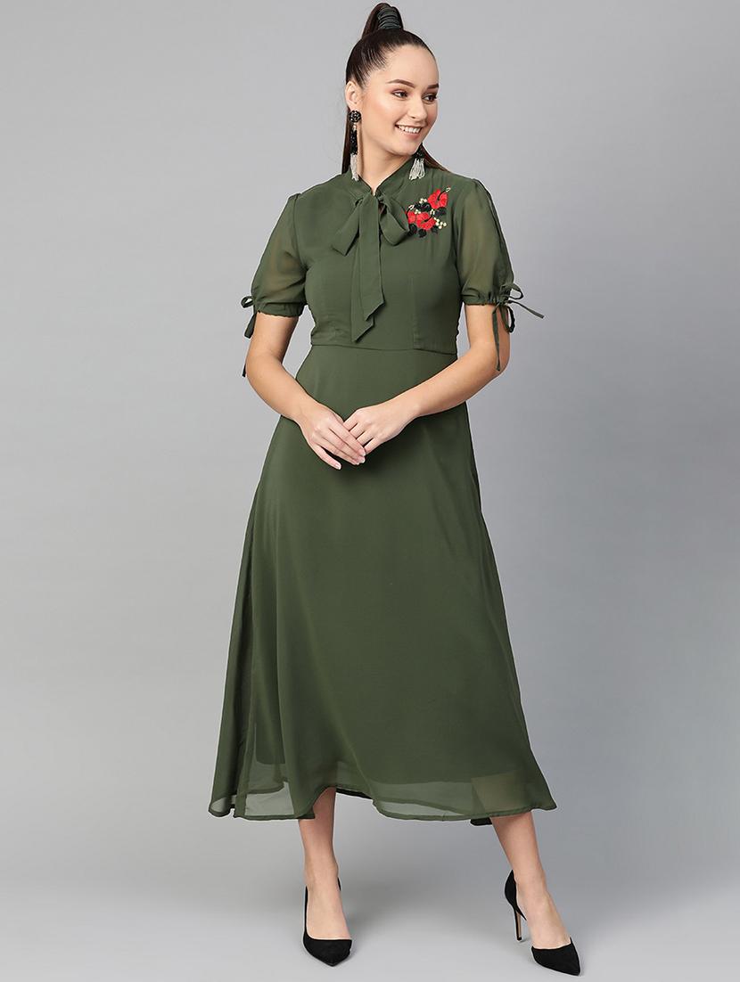 women embroidered tie up neck fit & flare dress