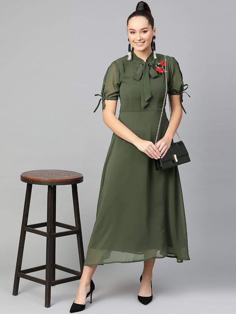women embroidered tie up neck fit & flare dress - 21651507 - Standard Image - 3