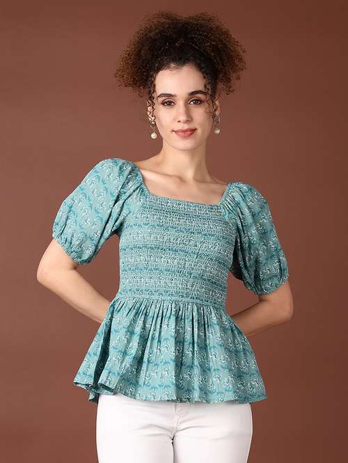 women puff sleeves printed peplum top - 21651547 -  Standard Image - 0