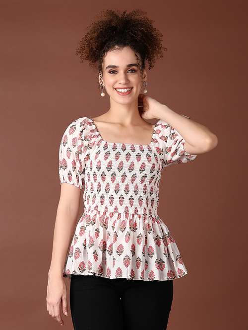women puff sleeves printed peplum top - 21651548 -  Standard Image - 0