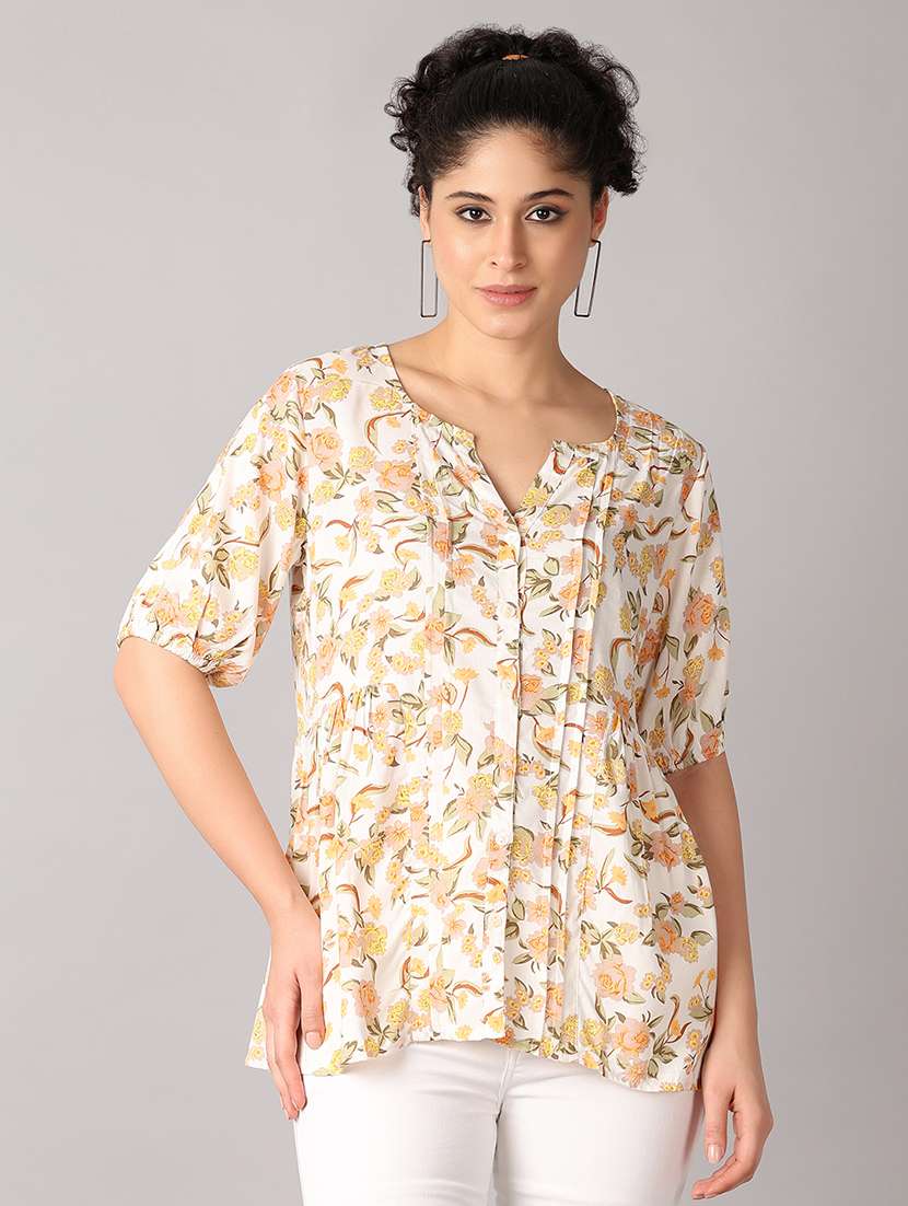 women off white floral printed puff sleeve top