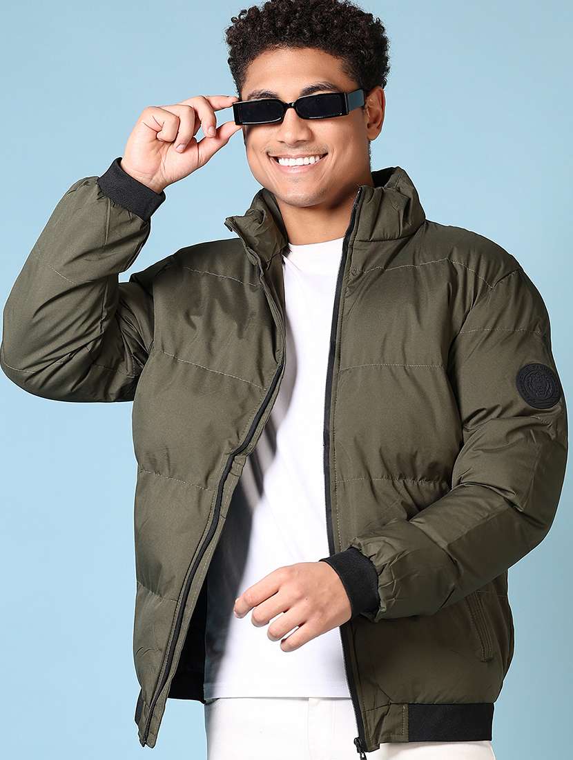 men solid stand collar long sleeve puffer jacket