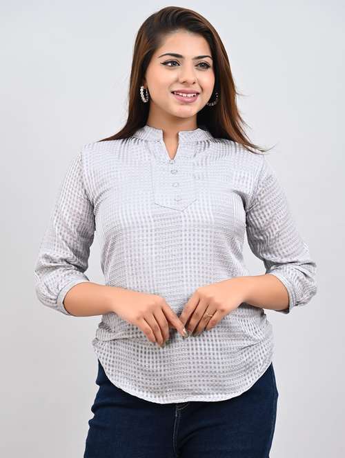 women checkered mandarin neck top - 21651704 -  Standard Image - 0