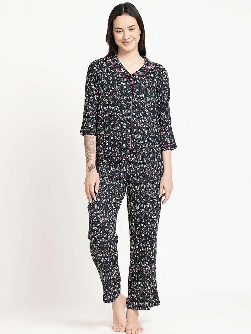 women floral print cuban collar nightwear set