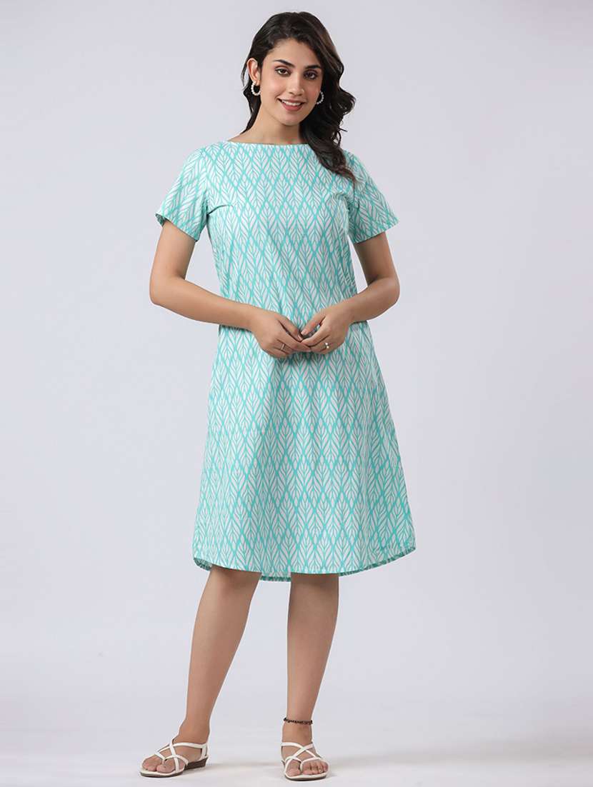 women printed short sleeves a-line dress