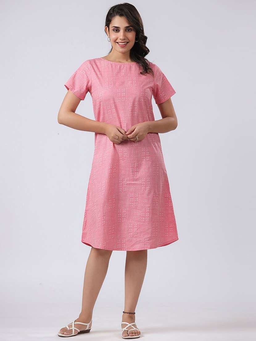 women printed short sleeves a-line dress