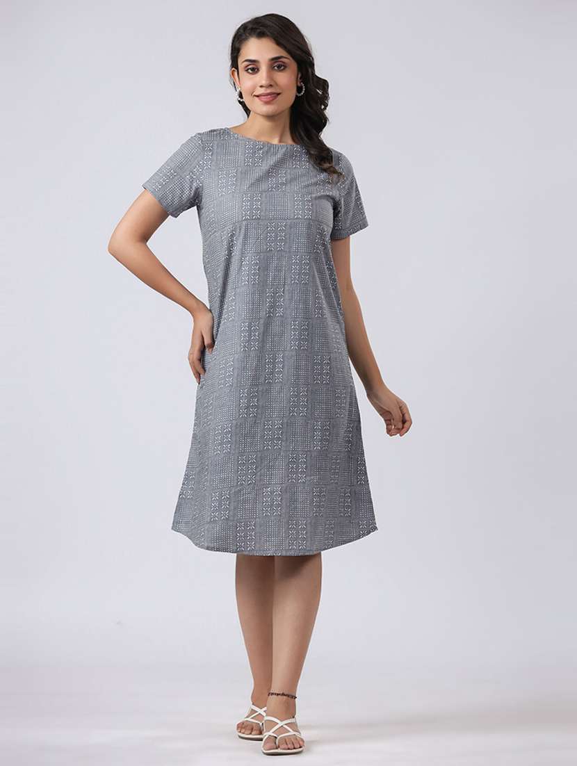 women printed short sleeves a-line dress