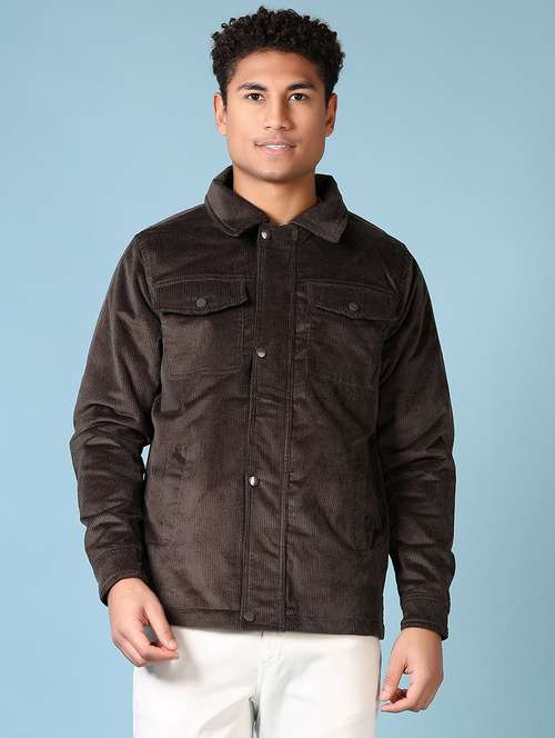 men coffee brown solid long sleeve shacket - 21652737 -  Standard Image - 0