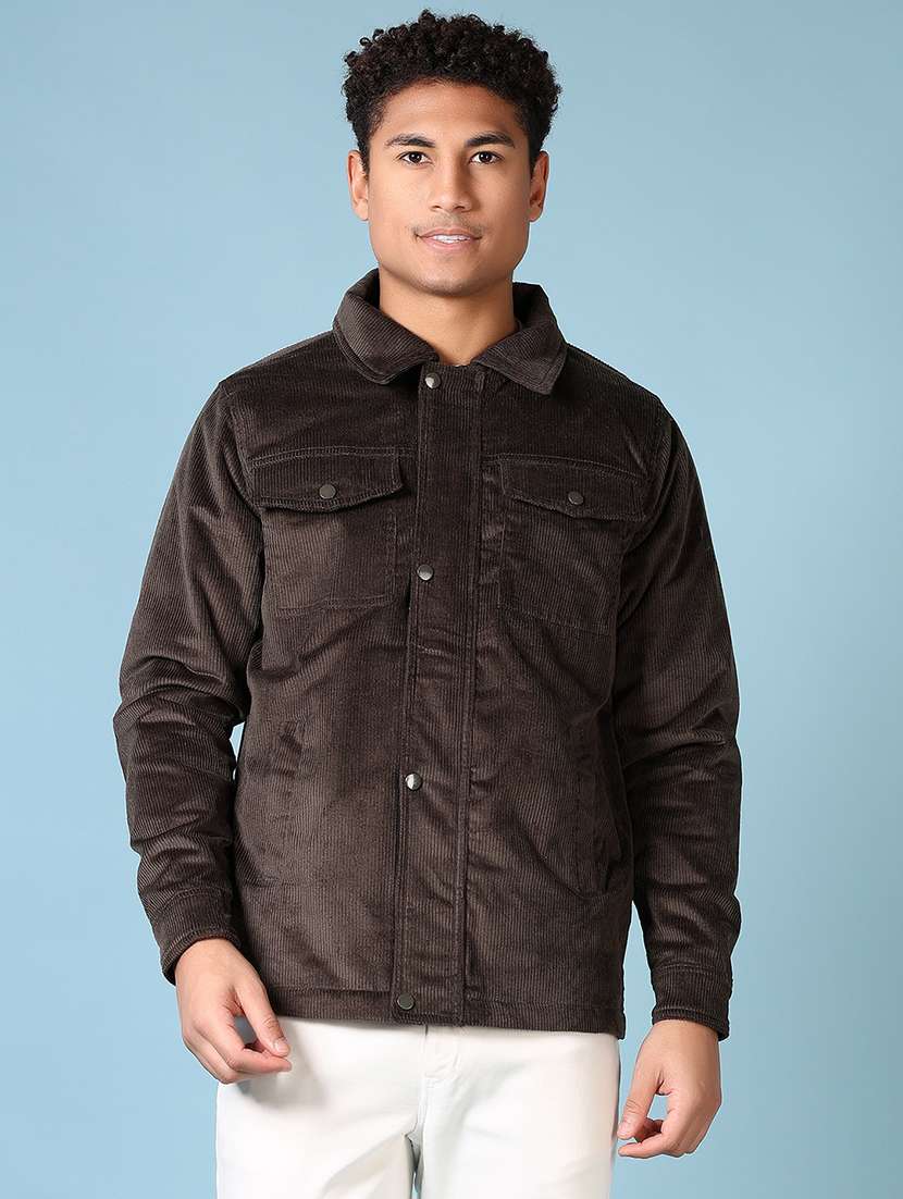 men coffee brown solid long sleeve shacket