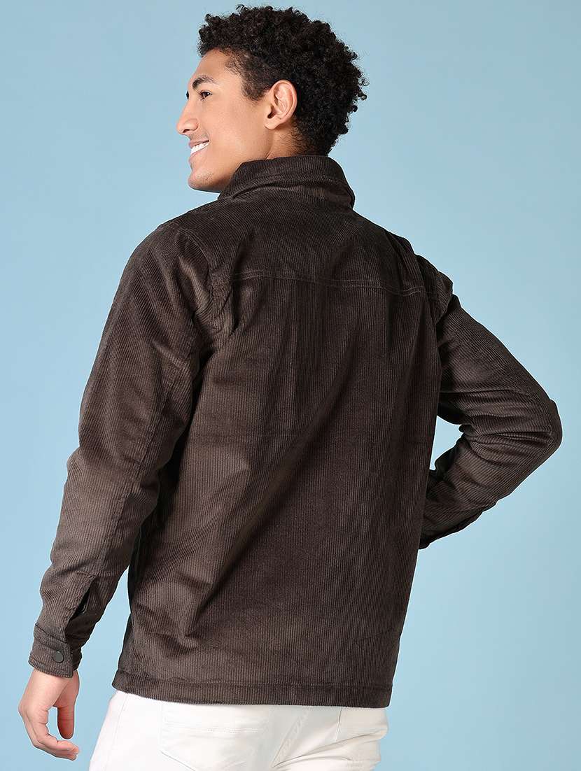 men coffee brown solid long sleeve shacket - 21652737 -  Standard Image - 3
