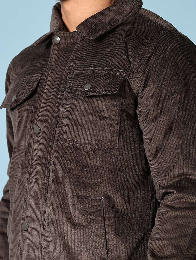 men coffee brown solid long sleeve shacket - 21652737 -  Standard Image - 5