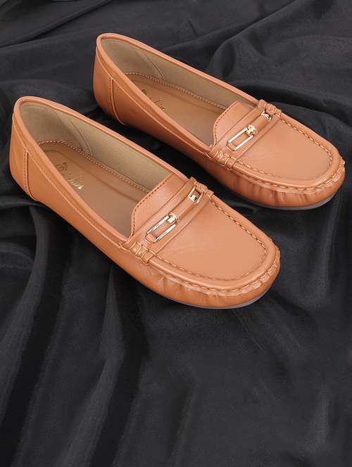 women tan slip on loafer
