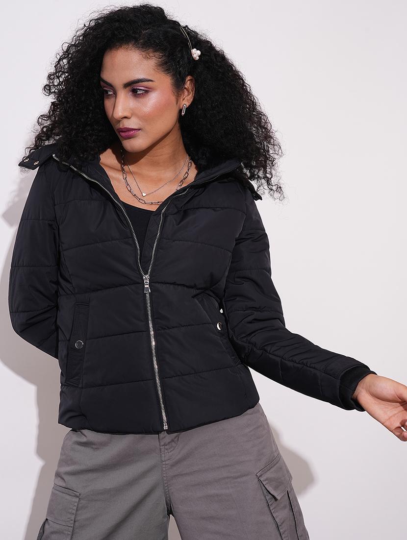 globus women black mock neck front zip winter wear insulator puffer jacket with detachable hood - 21659442 -  Zoom Image - 0