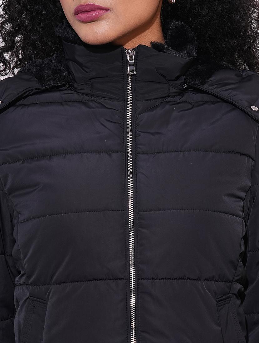 globus women black mock neck front zip winter wear insulator puffer jacket with detachable hood - 21659442 - Standard Image - 5