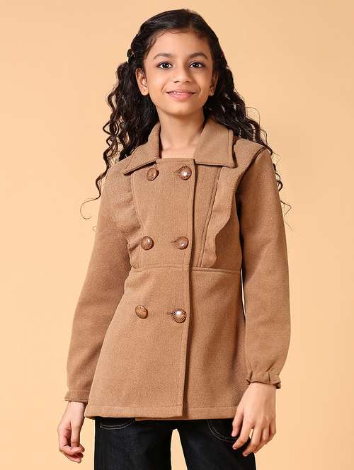 girls brown solid long sleeve coat - 21659734 -  Standard Image - 0