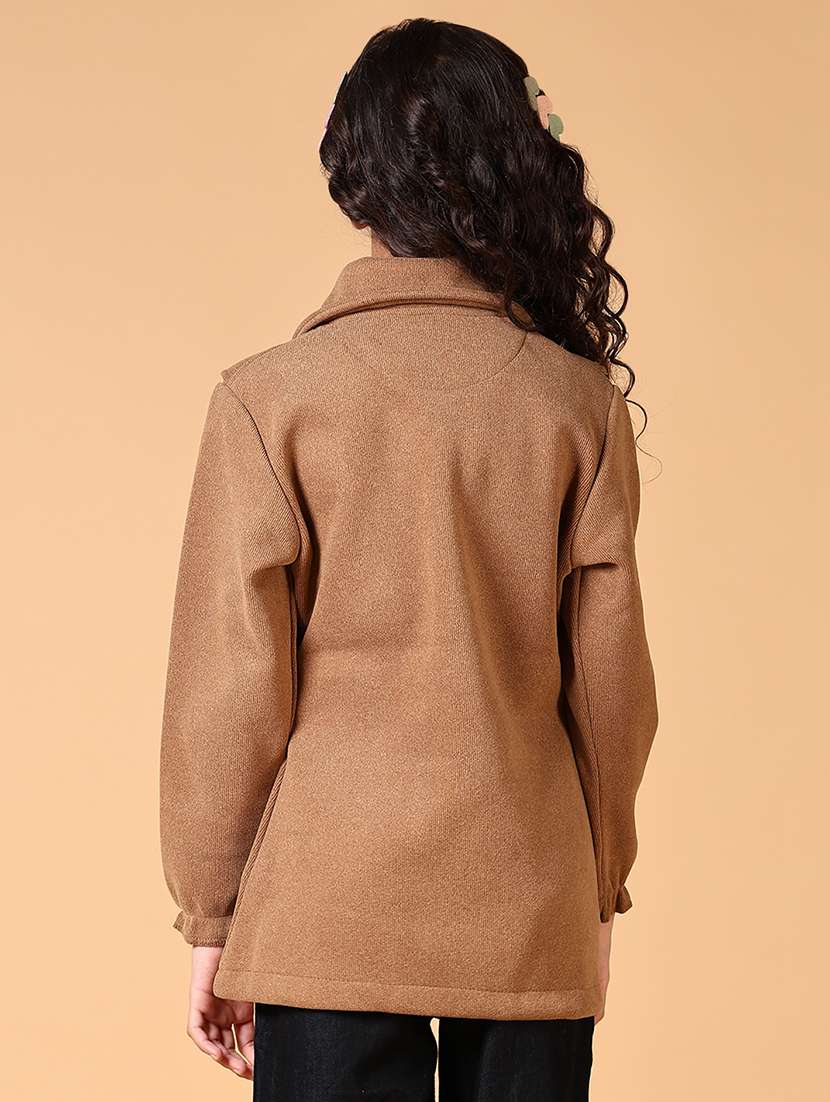 girls brown solid long sleeve coat - 21659734 -  Standard Image - 3