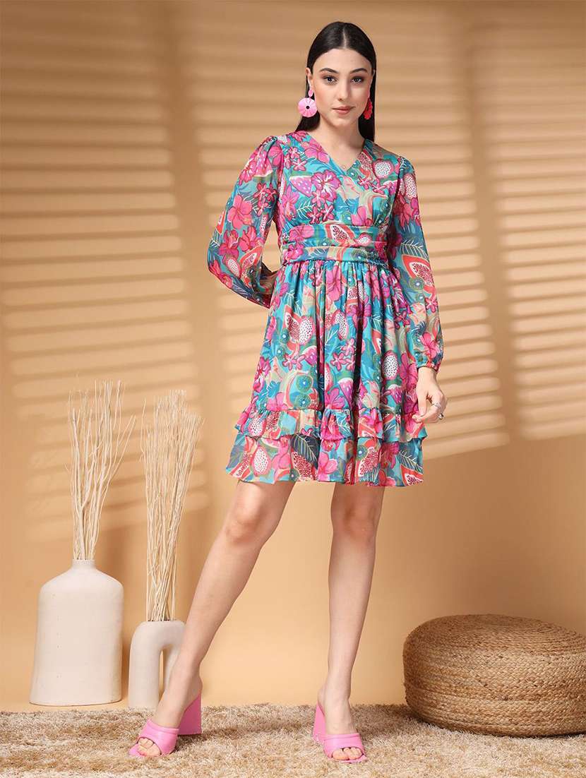 wmen floral printed v neck fit & flare dress