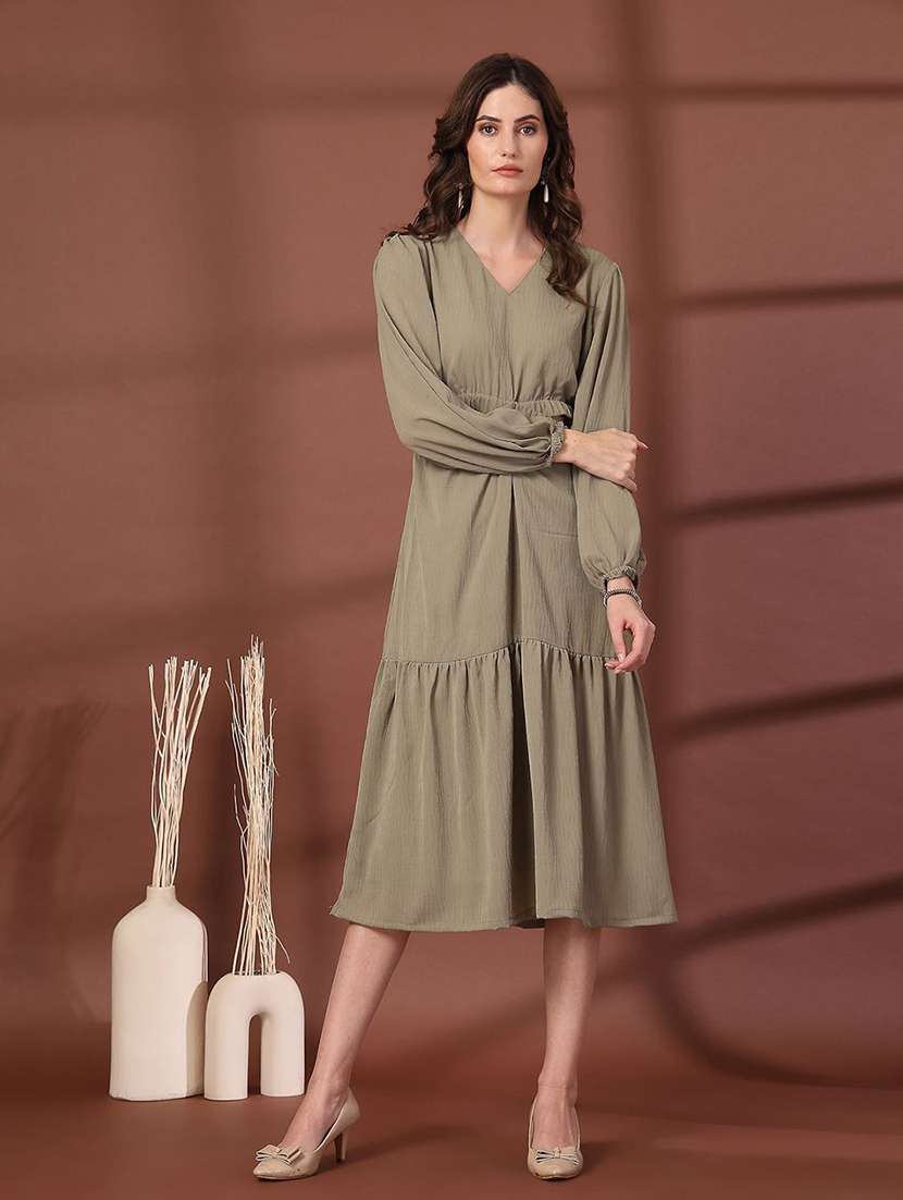 women olive solid v neck tiered dress