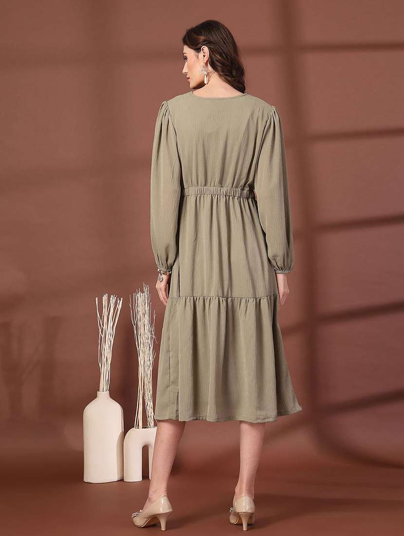 women olive solid v neck tiered dress - 21660054 -  Standard Image - 3