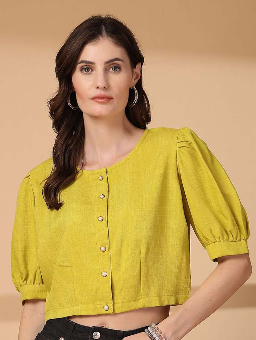 women solid round neck crop top
