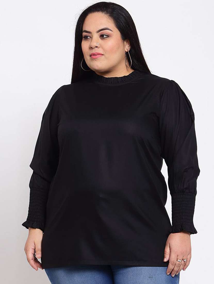women solid high neck plus size top