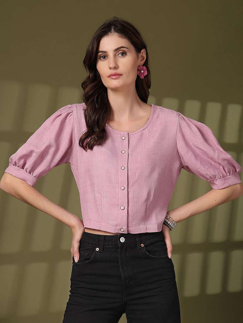 women solid round neck crop top