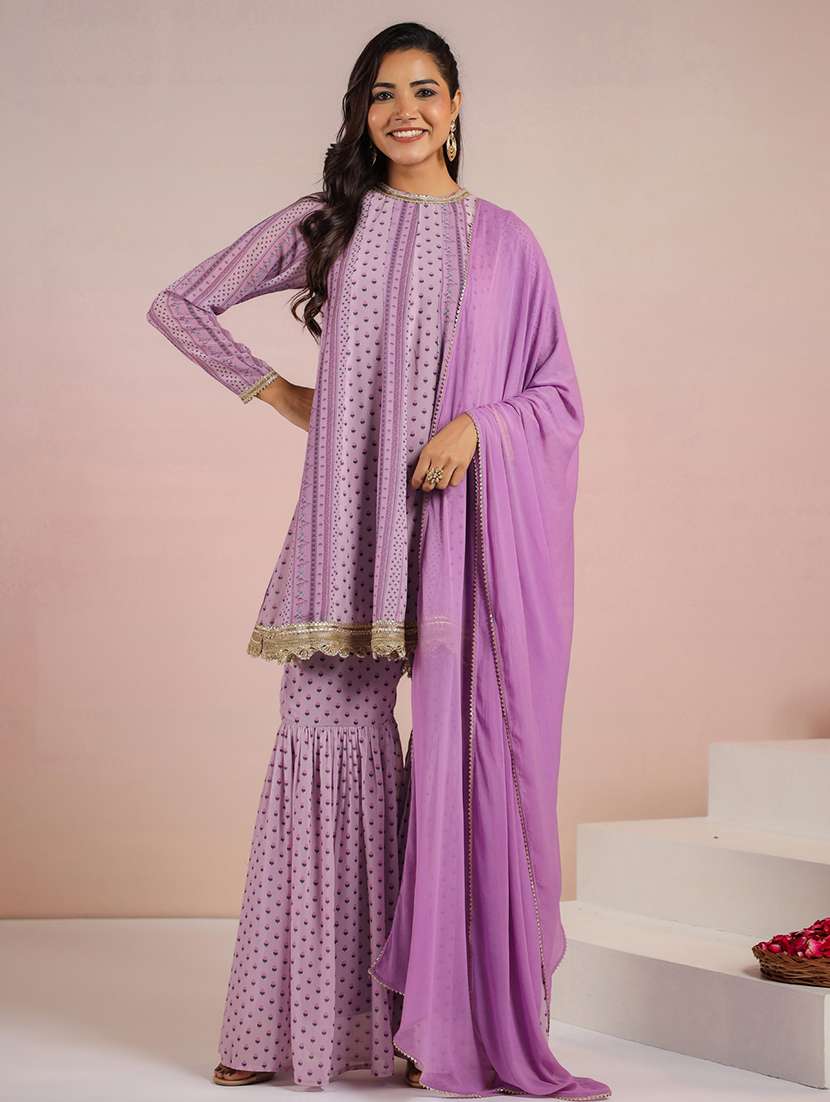 women lavender long lseeve kurta sharara set