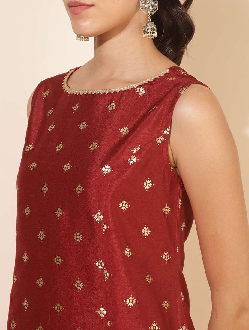 women maroon foil printed sleeveless kurta pant with dupatta set - 21660494 -  Standard Image - 5
