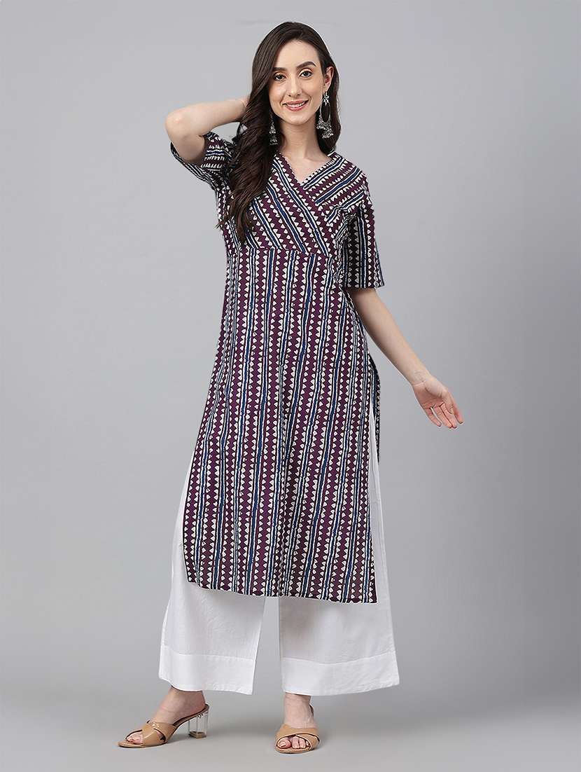 women purple geometric printed straight kurta